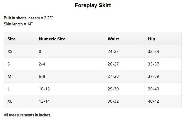 Pirdie Foreplay Golf Skirt Sizing Chart