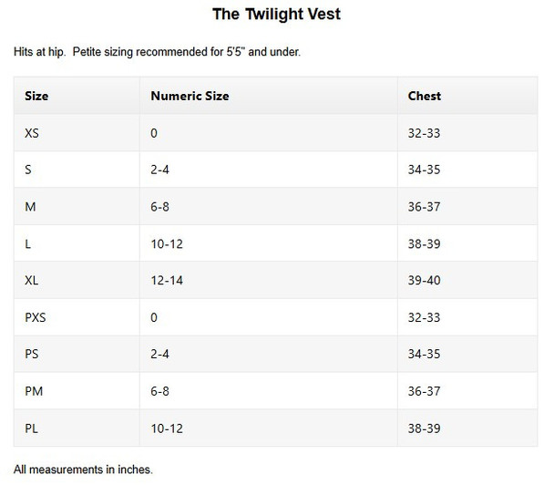 Pirdie Twilight Womens Golf Vest Sizing Chart