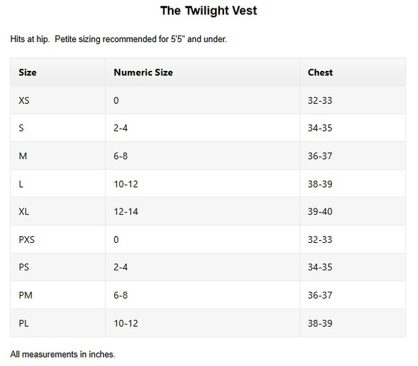 Pirdie Twilight Womens Golf Vest Sizing Chart