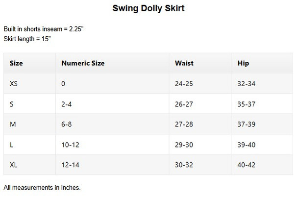 Pirdie Golf Womens Swing Dolly Skir Sizing Chart