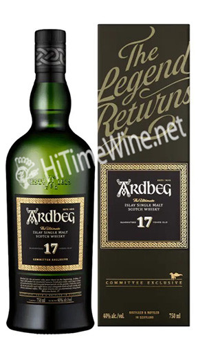 PICTURE OF ARDBEG 17 YEAR; COMMITTEE EXCLUSIVE; 40%; 750 MILLILITER BOTTLE; THE LEGEND RETURNS; ISLAY SINGLE MALT SCOTCH WHISKY