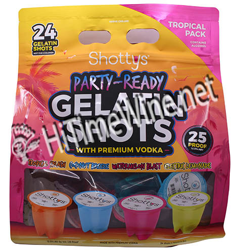 PICTURE OF SHOTTYS PARTY-READY GELATIN SHOTS, MADE WITH PREMIUM VODKA 12.5% ALCOHOL BY VOLUME, 24 PACK VARIETY PACK.