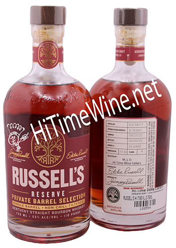 PICTURE OF RUSSELLS RES HI-TIME SINGLE BARREL M.J.D 55% 750ML D:01/18/17; 8YRS; W:TY-M; F:4; B#:25-0469; KENTUCKY BOURBON WHISKEY-ONE BOTTLE ONLY, PICTURE OF FRONT & BACK