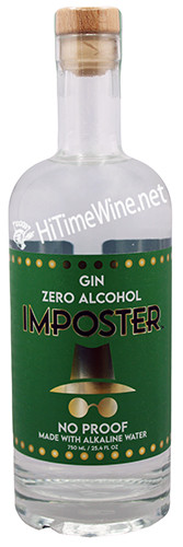 PICTURE OF IMPOSTER BEVERAGES, NON-ALCOHOLIC ZERO PROOF GIN; MADE WITH ALKALINE WATER, SINGLE 750 MILLILITER BOTTLE.