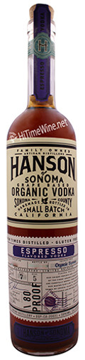 PICTURE OF HANSON ORGANIC ESPRESSO FLAVORED VODKA 750 MILLILITER BOTTLE; MADE FROM GRAPES; SONOMA, CALIFORNIA