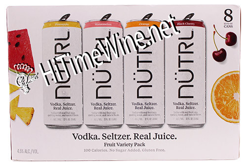 picture of NUTRL VODKA SELTZER, FRUIT VARIETY; 4.5% ABV, 8 PACK 12oz CANS- PINEAPPLE, WATERMELON, ORANGE, BLACK CHERRY.