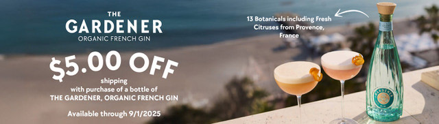 Save $5 instantly on Gardener Organic French Gin 700ML