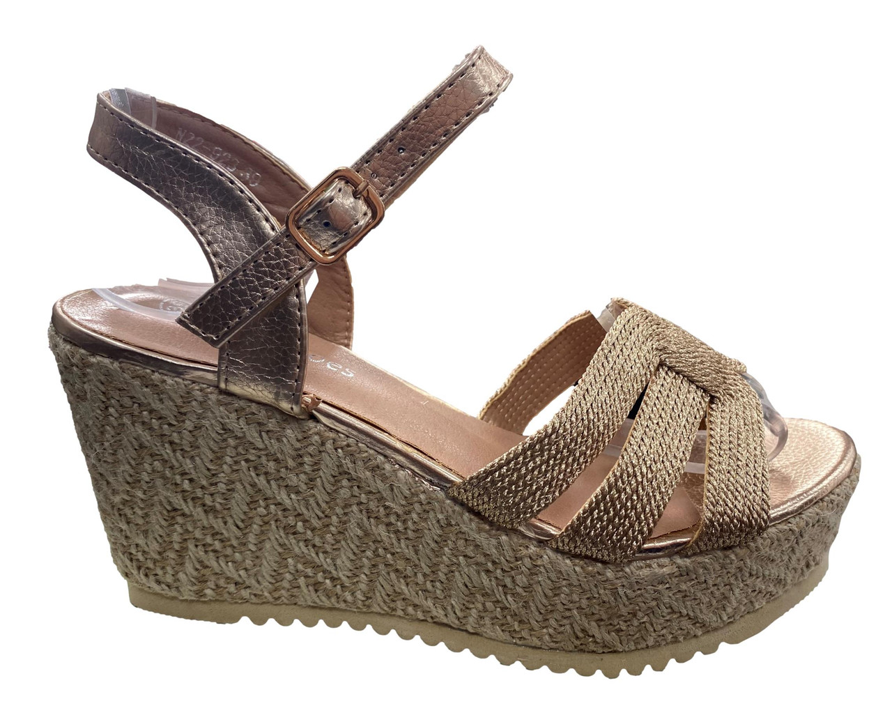 Wide Fit Rose Gold Metallic Diamanté Cross Strap Wedges | New Look