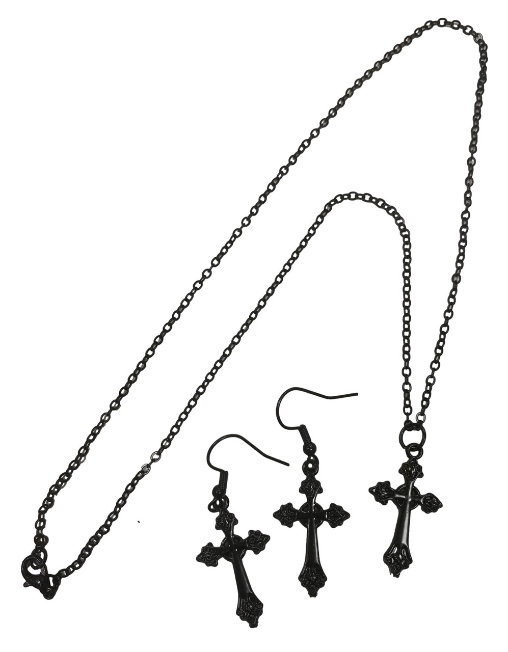 Black Gothic Cross Necklace Drop Earring Set 45cm Black Link