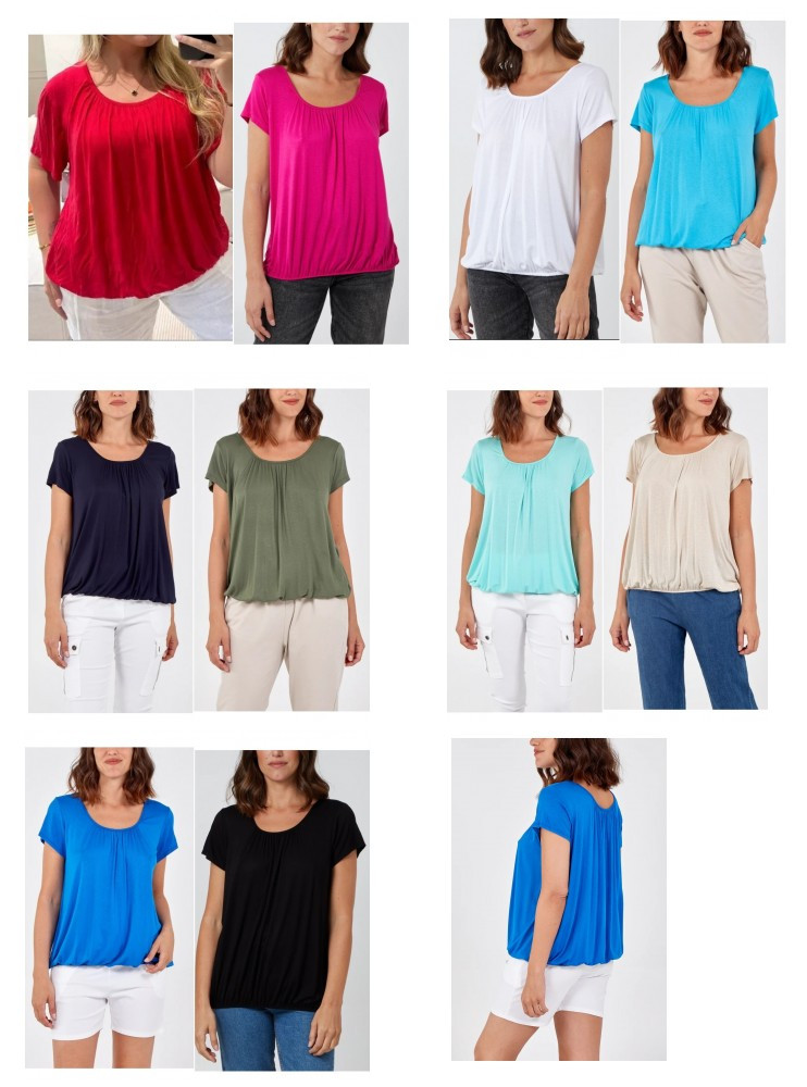 Women's Bubble Short Sleeve Top With Back Bow & Pearl Details - Stretchy Summer T-Shirt