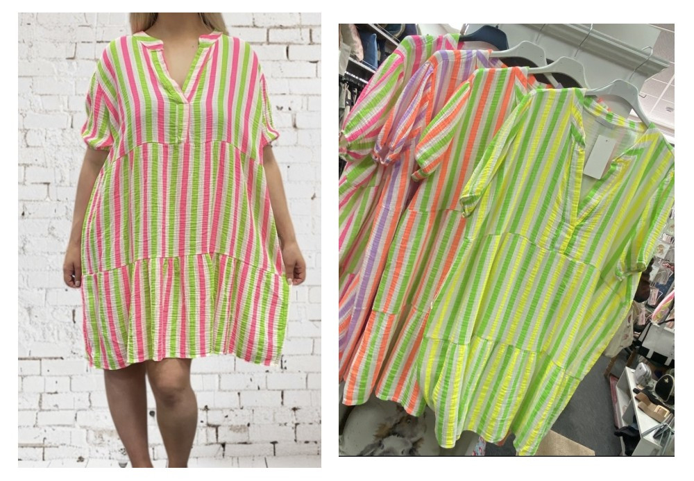 FUN NEON STRIPED NOTCH NECK LOOSE FIT SMOCK DRESS PINK, ORANGE