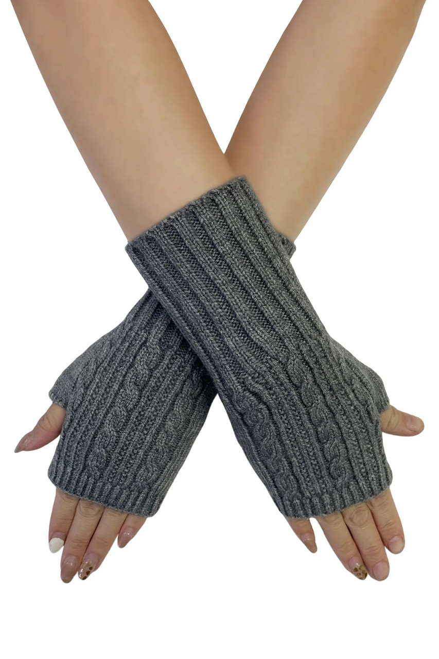 Cable Knit Wool Blend Fingerless Long Cuff Wrist Warmer Gloves In