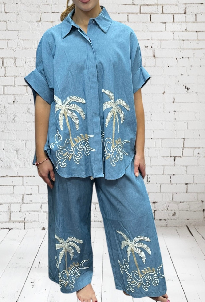 Zeta Otto Mid Blue Denim Chambray Palm Tree Embroidered 2pc
