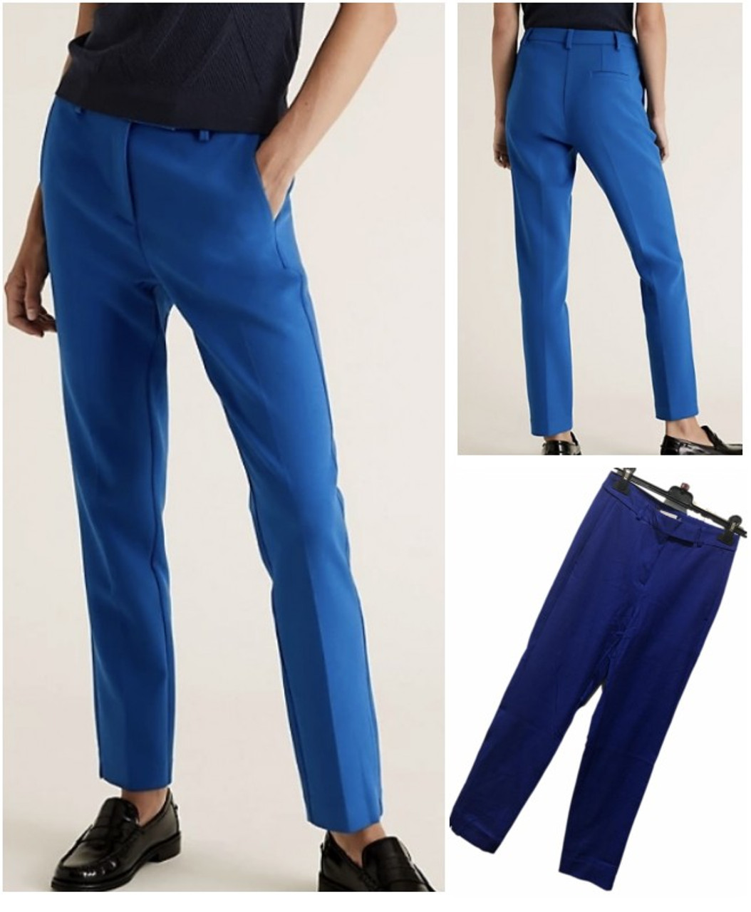 Ex M&S Mid or Cobalt Blue Bi-Stretch Slim Leg Ankle Grazer Trousers In 3  Lengths