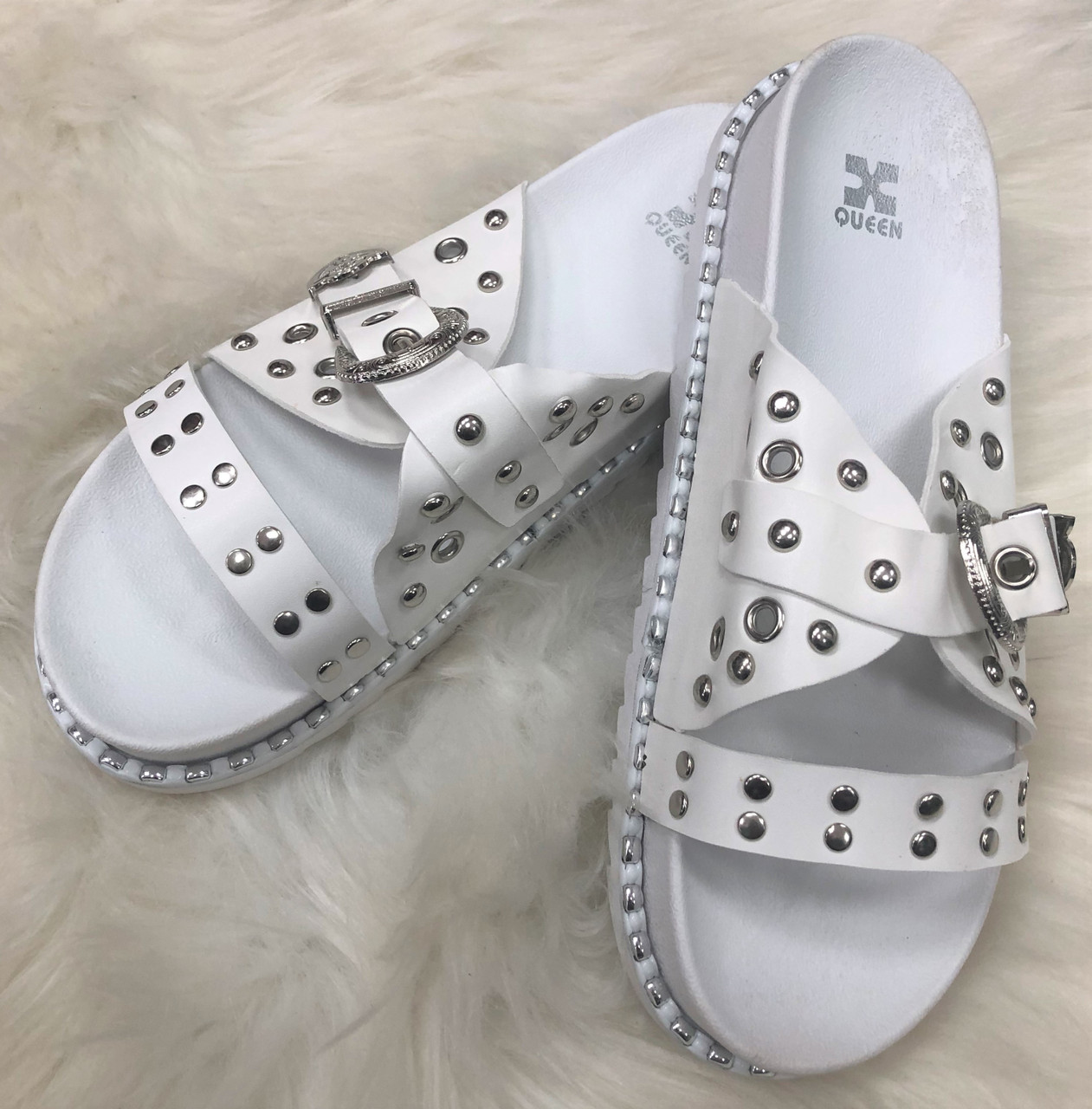 White PU Faux Leather Silver Studded Buckle Sliders UK Size 3-7