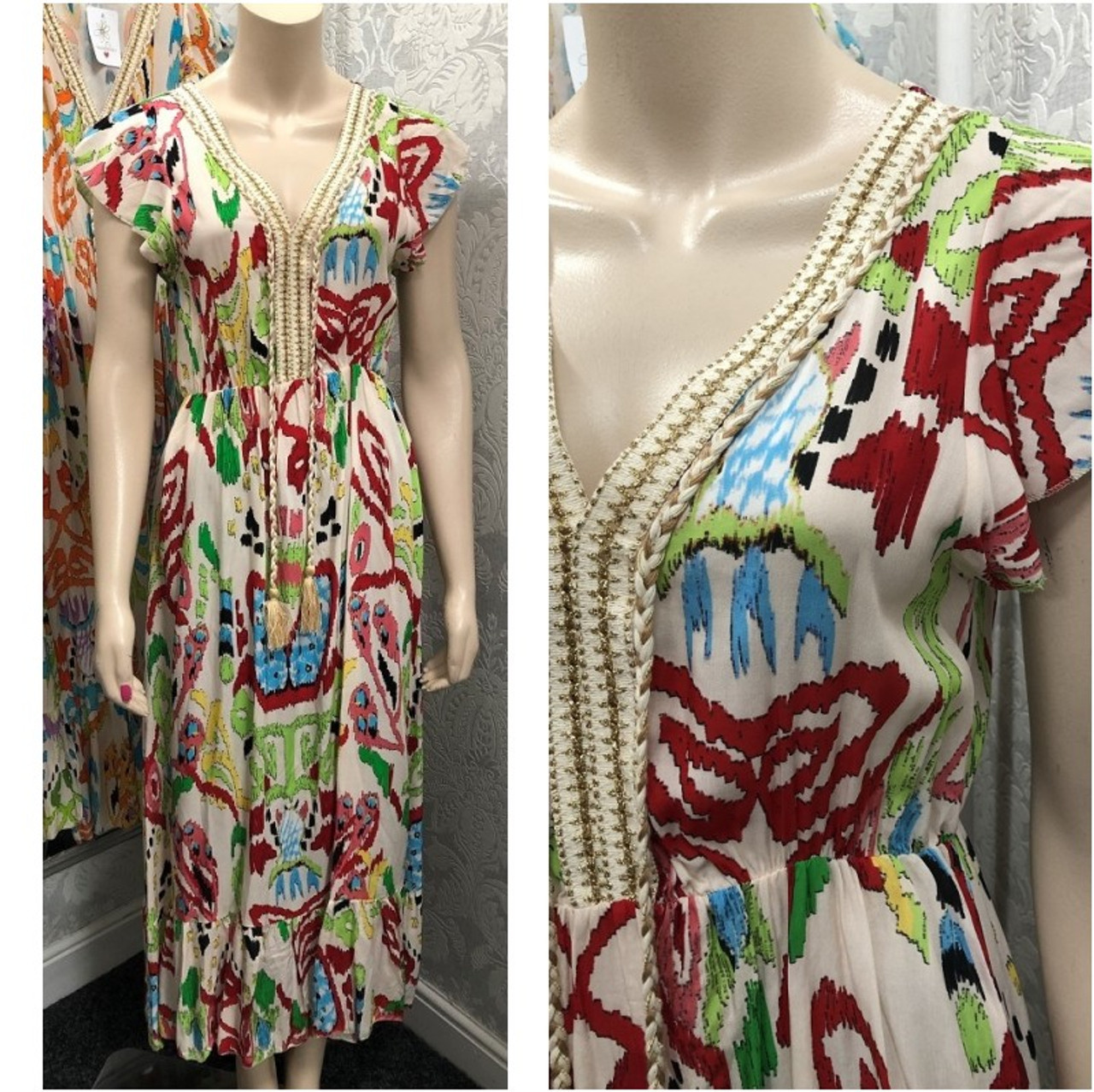 Made In Italy Miss Glossy Aztec Graphic Print Braided Trim V Neck Maxi  Dress - Onesize To Fit 8-14