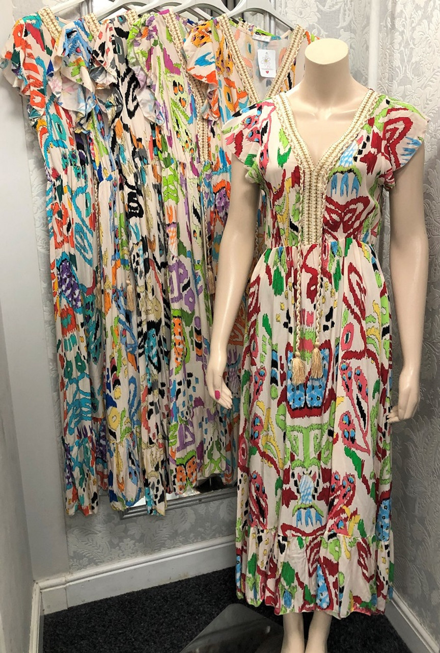 Made In Italy Miss Glossy Aztec Graphic Print Braided Trim V Neck Maxi  Dress - Onesize To Fit 8-14