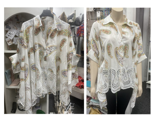 Zeta Otto Italian Freesize Oversized Off White Paisley Broderie Anglais Shirt - Onesize Will Fit 12-20