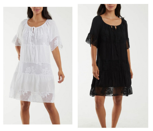 italian Freesize Bardot Tie Neck Mesh & Lace Panel Smock Dress - Onesize Will Fit 12-18