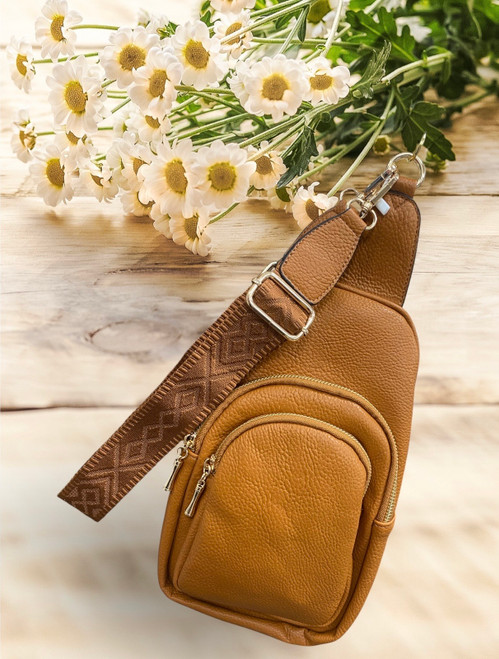 Tan Brown PU Faux Leather Sling Bag With Diamond Wide Crossbody Strap