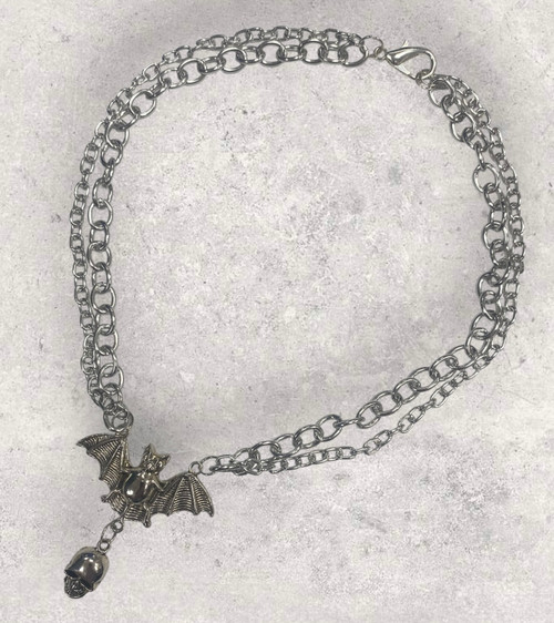 Gothic Bat & Skull Twin Chain Short Silver Alloy 42cm Necklace Gothic Bat & Skull Twin Chain Short Silver Alloy 42cm Necklace