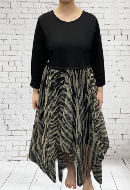 MADE IN ITALY SCUBA &  NET BLACK ZEBRA PRINT MIDI DRESS - ONESIZE FITS 10-16