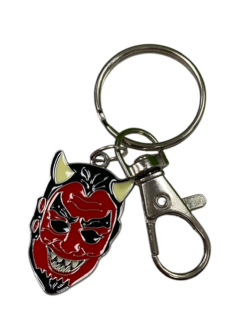 RED FACED HORNED DEVIL SILVER ALLOY & ENAMEL KEYRING WITH LOBSTER CLASP