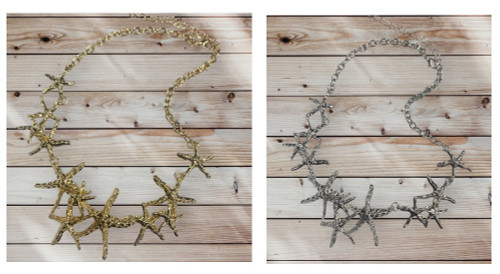 BEACHY HAMMERED STARFISH CLUSTER SHORT STATEMENT NECKLACE IN GOLD OR SILVER (Style 59) BEACHY HAMMERED STARFISH CLUSTER SHORT STATEMENT NECKLACE IN GOLD OR SILVER (Style 59)