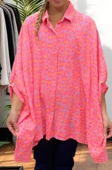 MADE IN ITALY NEON LILAC, PINK & ORANGE ANIMAL PRINT OVERSIZED BOX FIT SHIRT - ONESIZE FITS UK 12-22