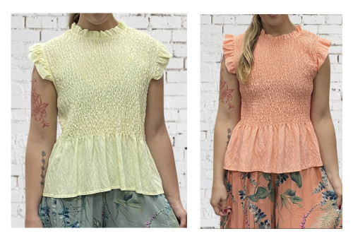 Shirred Ruffle Trim Peplum Top With Keyhole Fastening Available On Lemon Or Pale Orange - Onesize Fits UK 8-14