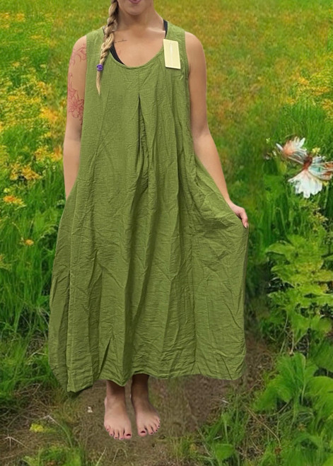 Lagenlook at its best pistachio green round neck flared maxi dress with pink ckets Onesize fits UK 10-20