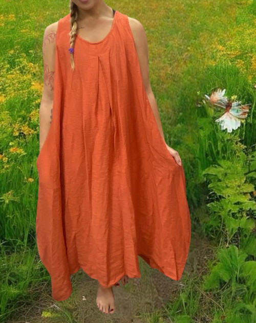 Lagenlook at its best rust orange sleeveless round neck flared maxi dress with pockets Onesize fits UK 10-20