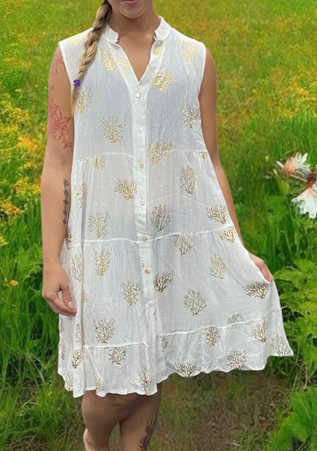 Boho ethnic style cream & gold foil branches sleeveless tiered smock dress- onesize fits 8-16