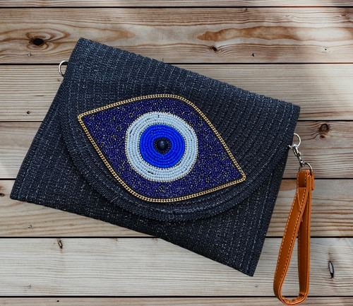 Evil eye beaded black raffia straw bag with wristlet & crossbody  strap - can be worn as crossbody bag or clutch