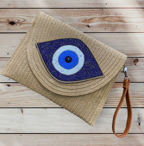 Evil eye beaded raffia sand straw bag with wristlet & crossbody strap - can be worn as crossbody bag or clutch