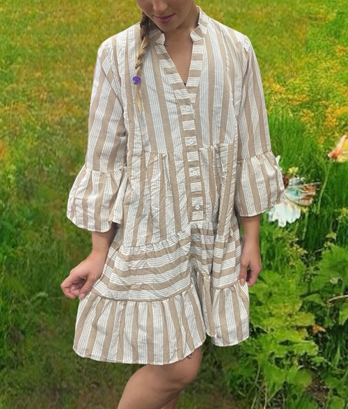 FLY OUT beige & white striped flared smock dress - onesize fits  10-18