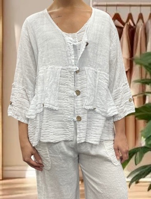 MADE IN ITALY CO-ORD WHITE LINEN WAVE PANEL SHORT JACKET 