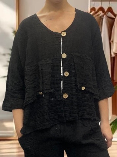 MADE IN ITALY CO-ORD BLACK LINEN WAVE PANEL SHORT JACKET MADE IN ITALY CO-ORD BLACK LINEN WAVE PANEL SHORT JACKET