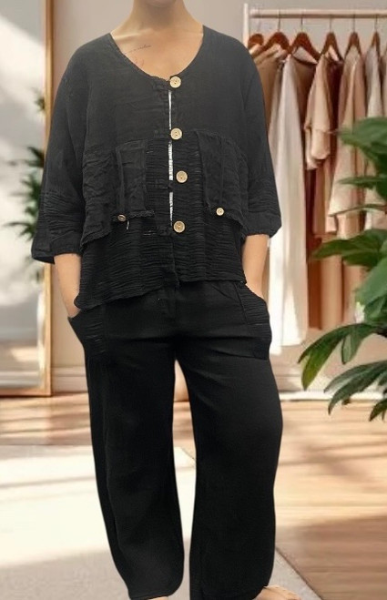 MADE IN ITALY BLACK FULL LEG LINEN CO-ORD WAVE PANELS CUFF HEM TROUSERS - ONESIZE FITS 10-18