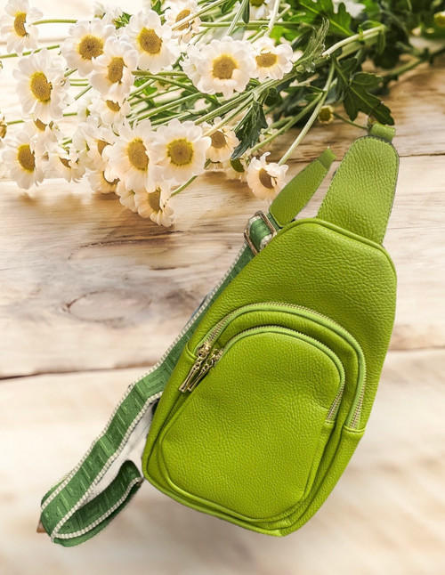 Pistachio Green PU Faux Leather Sling Bag With Greek Key Wide Crossbody Strap