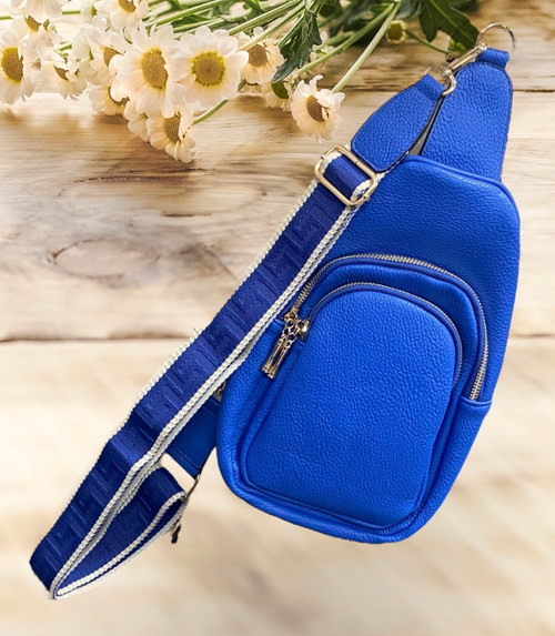 Royal Blue PU Faux Leather Sling Bag With Greek Key Wide Crossbody Strap