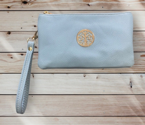 Light Grey Gold Tree Motif Small Crossbody Twin Compartment Bag With Wristlet Strap