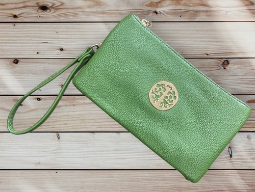 Green Gold Tree Motif Small Crossbody Twin Compartment Bag With Wristlet Strap