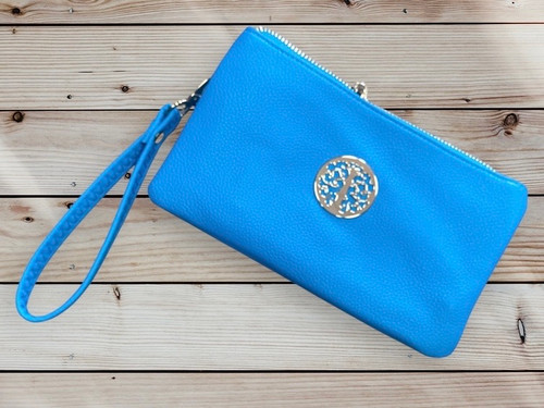 Turquoise Gold Tree Motif Small Crossbody Twin Compartment Bag With Wristlet Strap