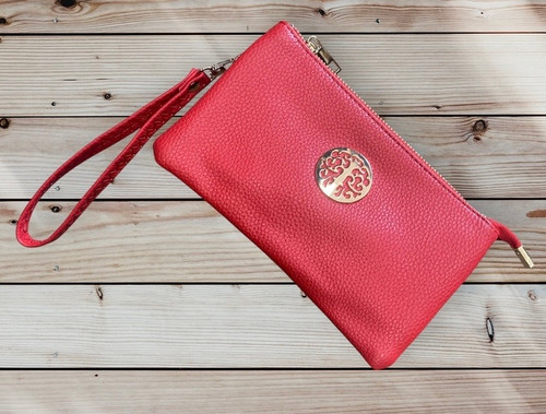 Red Gold Tree Motif Small Crossbody Twin Compartment Bag With Wristlet Strap