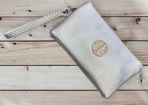 Silver With Gold Tree Motif Small Crossbody Twin Compartment Bag With Wristlet Strap