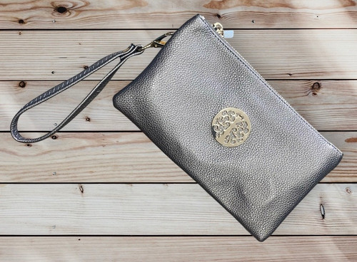 Bronze With Gold Tree Motif Small Crossbody Twin Compartment Bag With Wristlet Strap