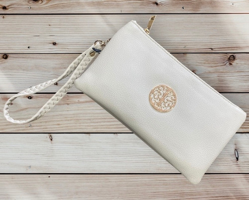 Cream Gold Tree Motif Small Crossbody Twin Compartment Bag With Wristlet Strap