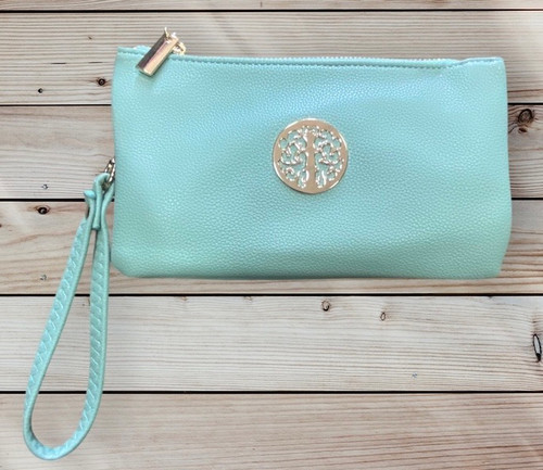 Mint Green With Gold Tree Motif Small Crossbody Twin Compartment Bag With Wristlet Strap