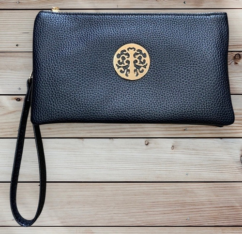 Black With Gold Tree Motif Small Crossbody Twin Compartment Bag With Wristlet Strap